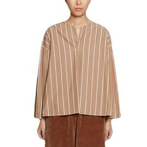 NWOT MANUELLE GUIBAL Top Blouse 1~M FRANCE Oversized Stripe Tan-White V Long-Slv